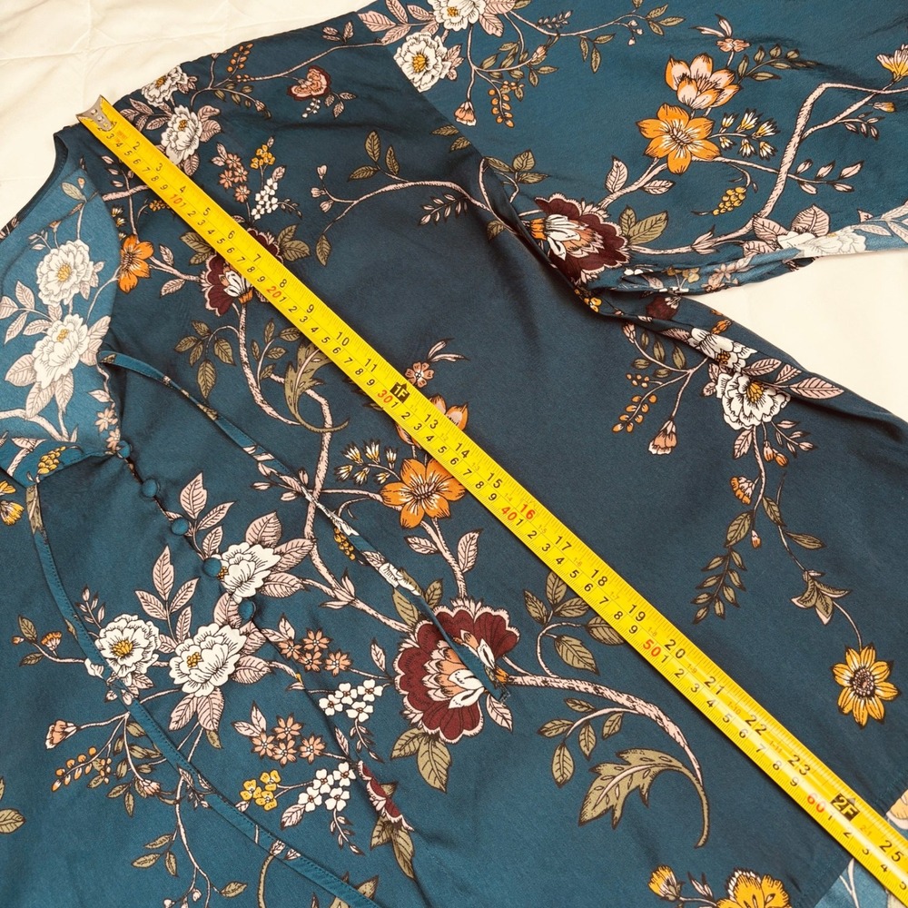 Maurices Floral Bell Sleeve Blouse Teal Tie Neck Button Front Women's‎ 2 - Picture 10 of 13